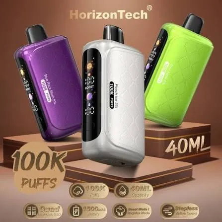 HorizonTech 100K Puffs disposable vapes in purple, white, and green finishes