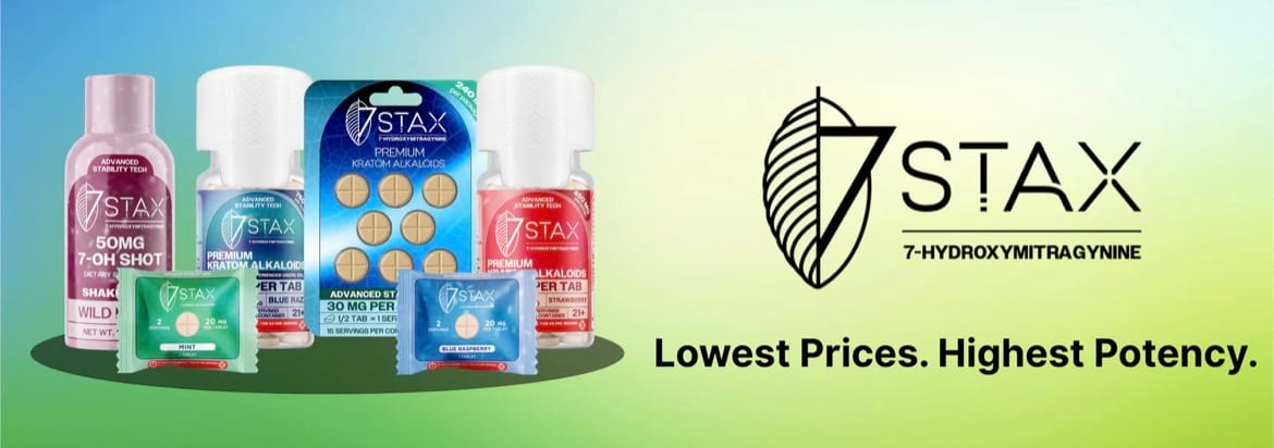7STAX 7-hydroxymitragynine product lineup: shots, premium tablets, and chewables