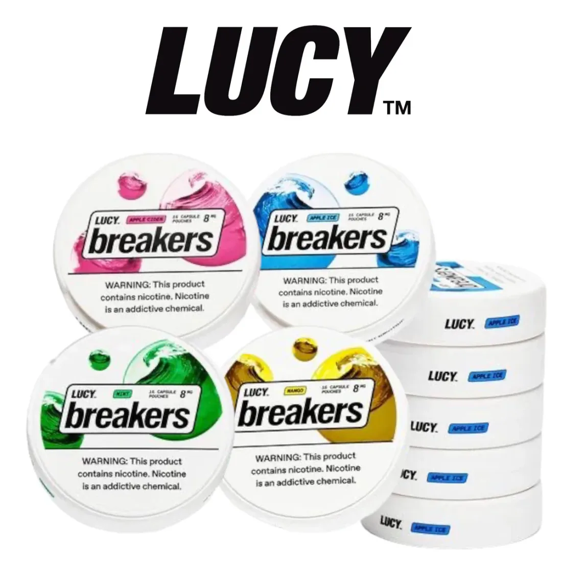 Lucy Breakers nicotine pouches in four flavors with brand logo