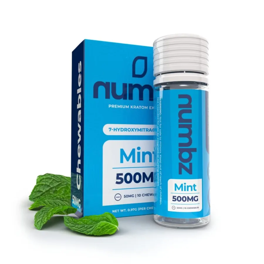 Numbz Mint 500 mg chewables, bottle and box