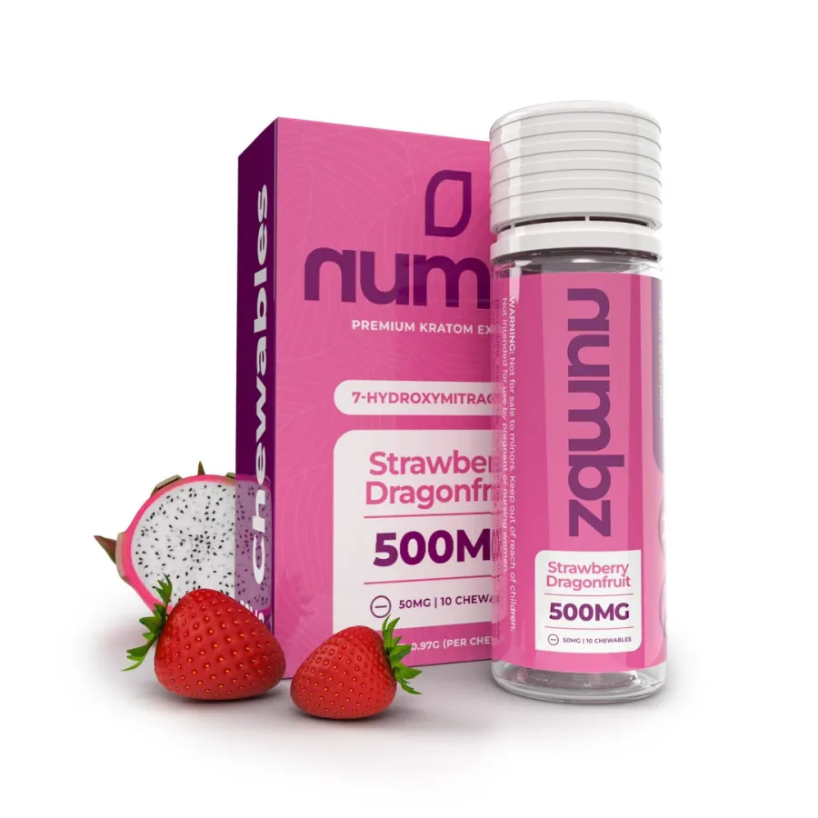 Numbz Strawberry Dragonfruit 500 mg chewables, bottle and box