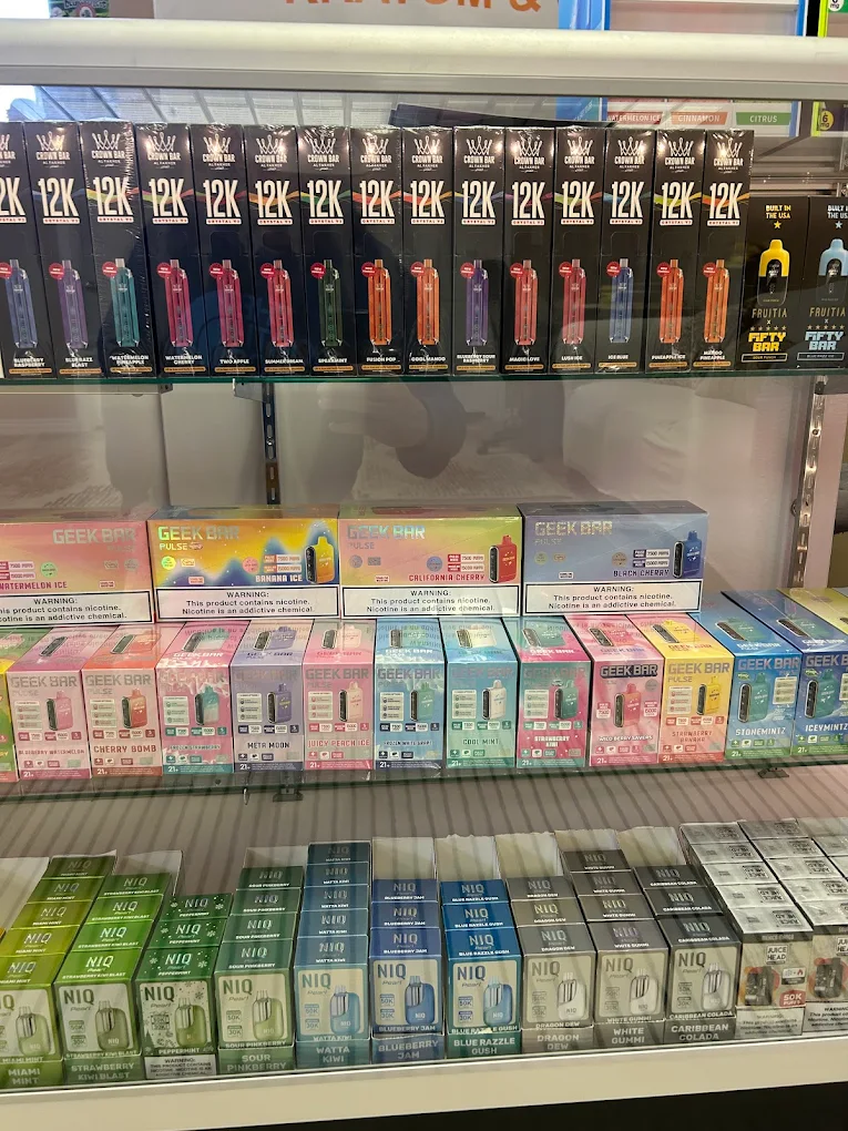 Disposable vape wall at Cub River Kratom & Vape Shop with colorful packaging